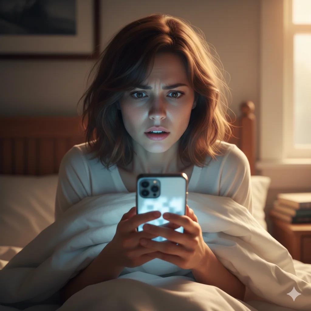 A woman looking at her phone in bed with a shocked expression.