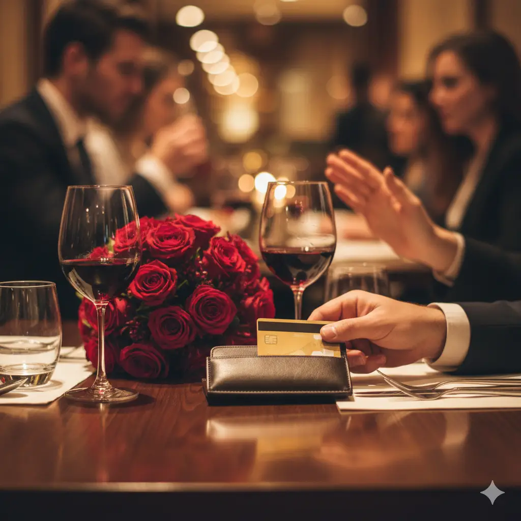 A man's hand paying the bill at a romantic dinner setting with roses.