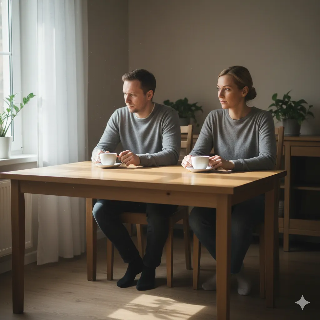 A couple sitting at a table avoiding eye contact, symbolizing unspoken tension