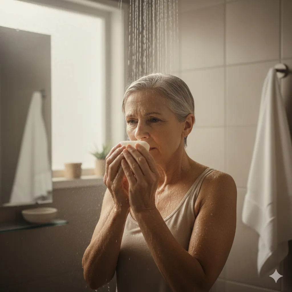 An older adult in a warm, steamy shower holding a bar of soap and looking puzzled while trying to recognize its scent