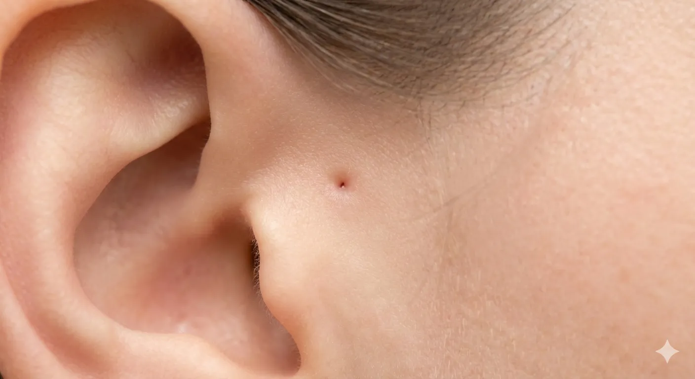 Close up of a preauricular sinus on a human ear