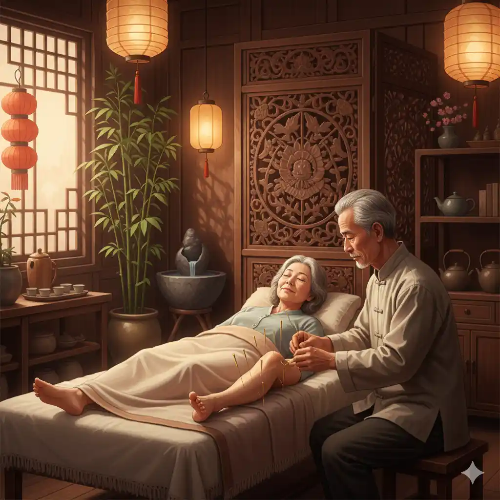 Acupuncture session with gold-colored needles placed around a knee