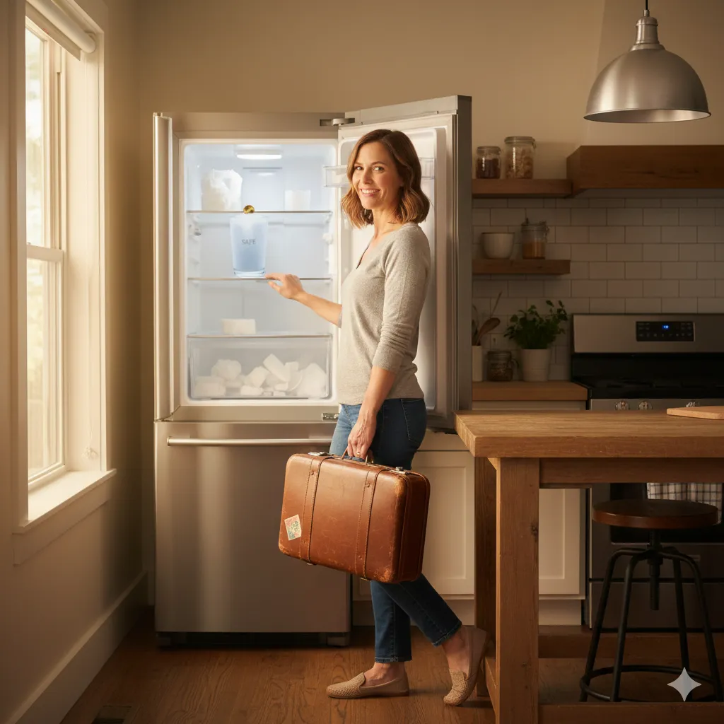 A traveler checking her freezer with a smile