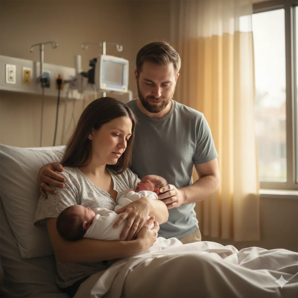 Mother holding newborn twin girls in hospital room with emotional father nearby