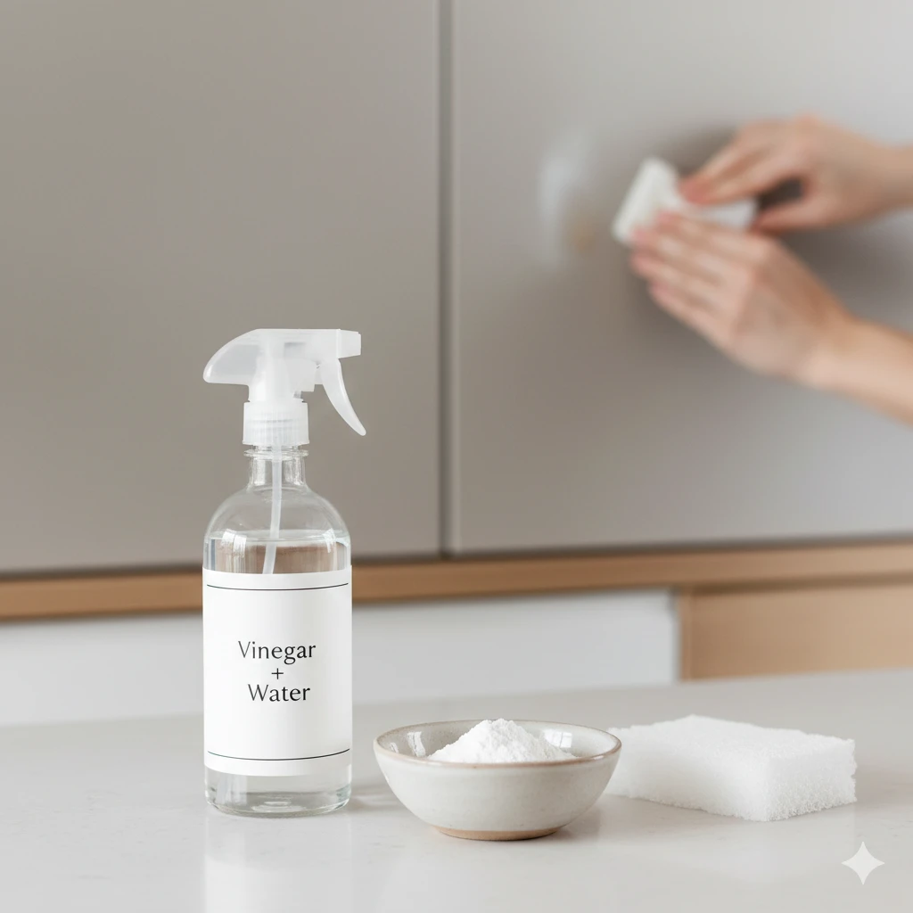 Vinegar and water spray bottle with baking soda paste and sponge for cleaning sticky cabinet residue
