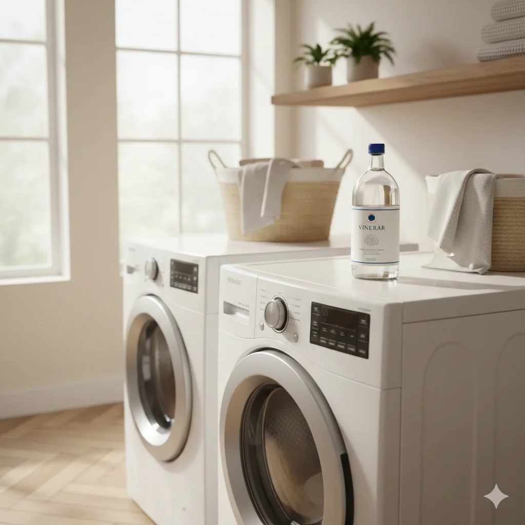 Bottle of white vinegar on top of a washing machine
