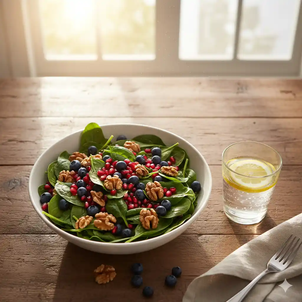 A vibrant bowl of colorful fruits and vegetables on a sunlit table
