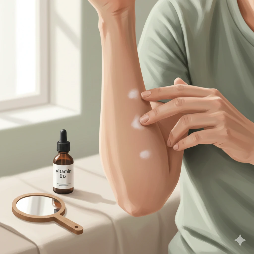 Woman examining white spots on her skin in natural light