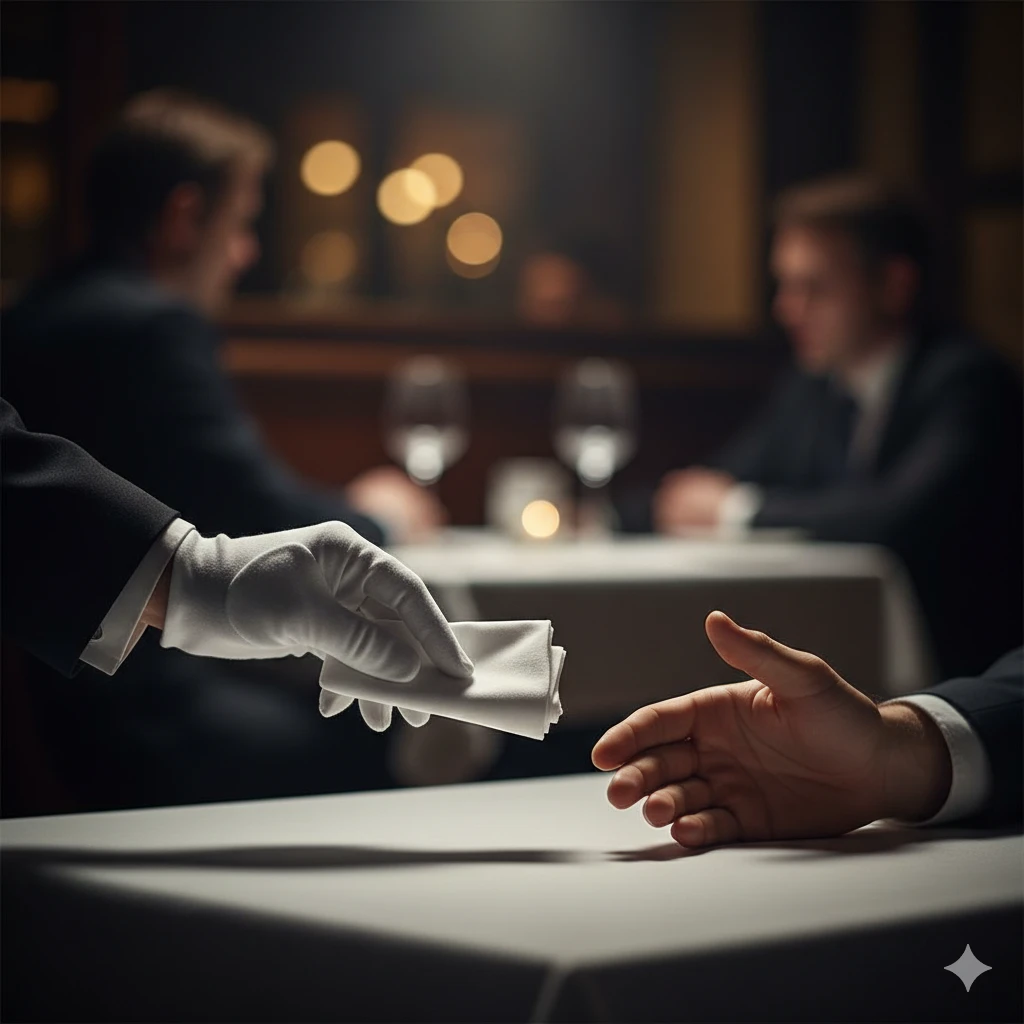 A waiter secretly passing a warning note to a customer