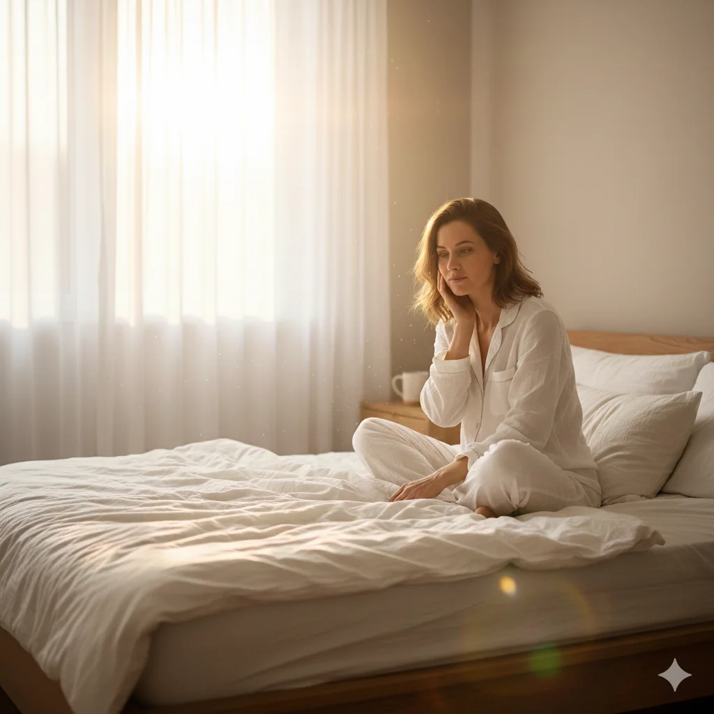 Woman waking up in a sunny bedroom looking rested