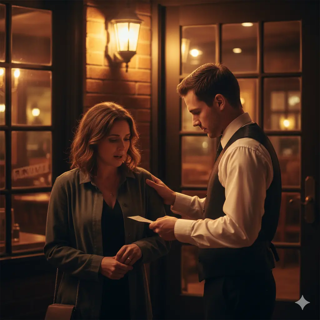 Server quietly handing folded receipt outside restaurant at night