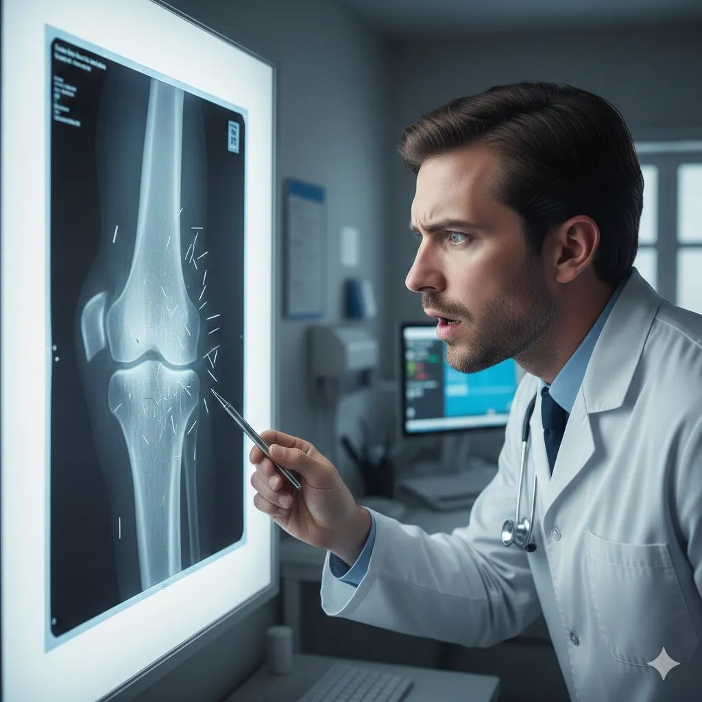 Knee X-ray showing multiple small metallic needle fragments embedded in tissue