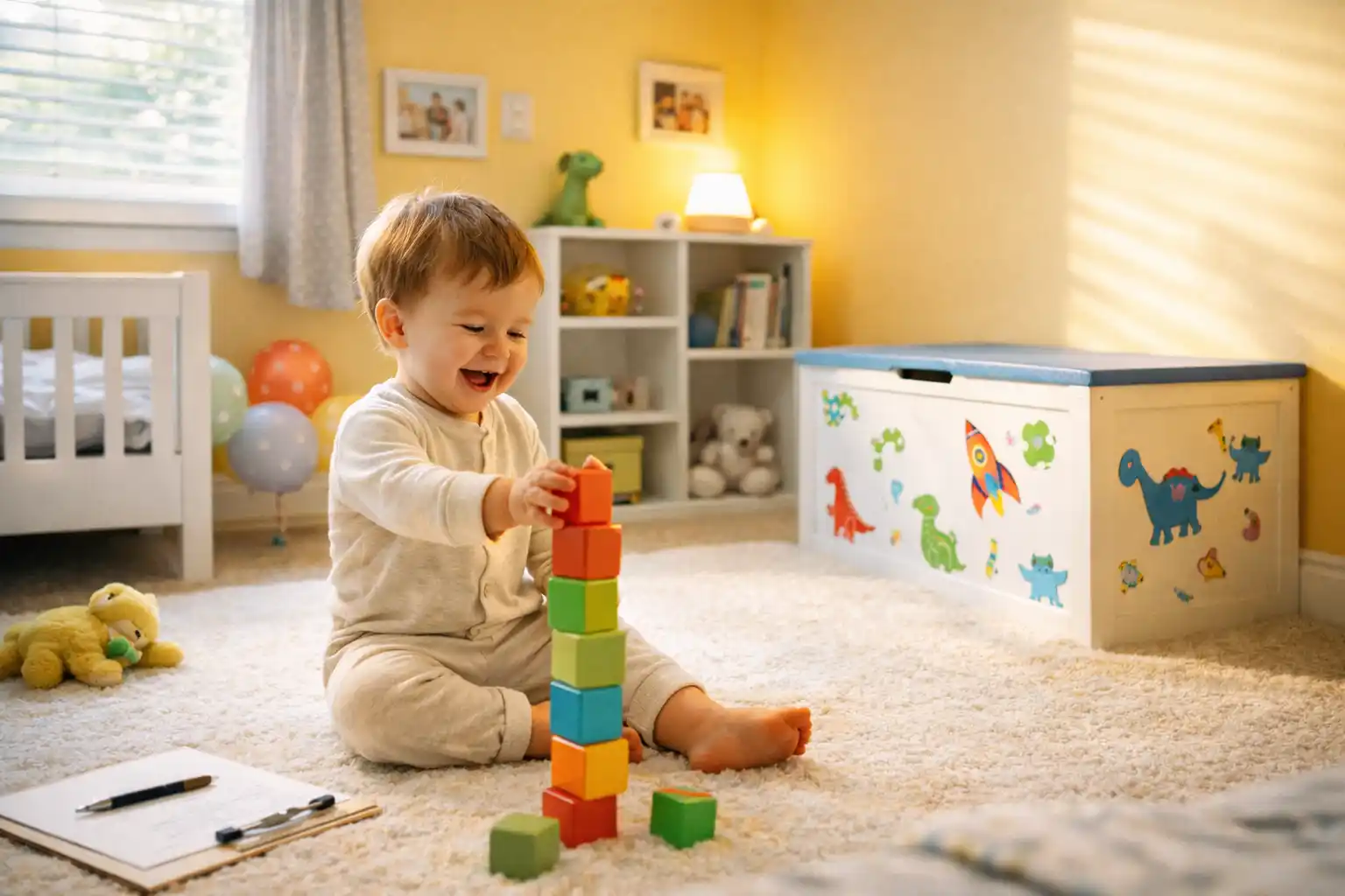 A bright transformed toddler room with sunshine-yellow walls and a toy chest in the corner while a happy toddler plays freely