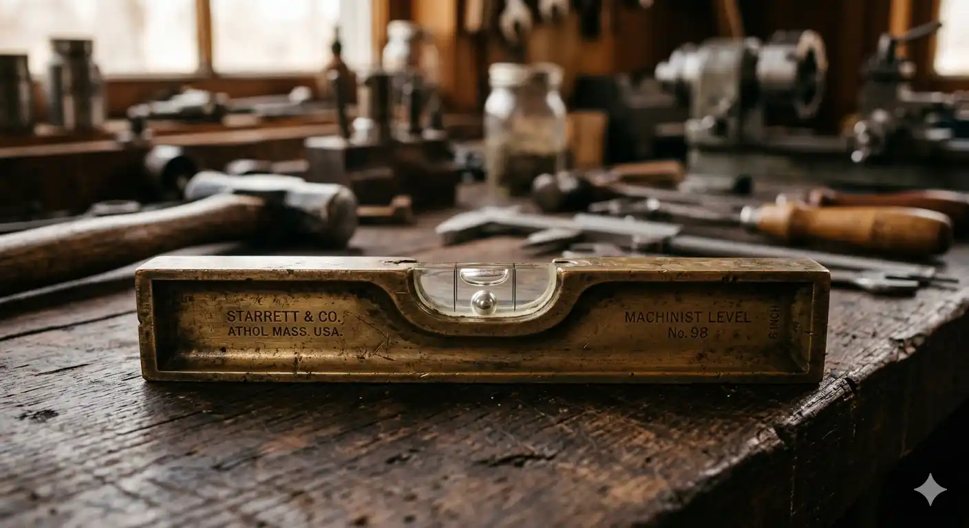 Close up of a vintage brass machinist level with a metal ball indicator
