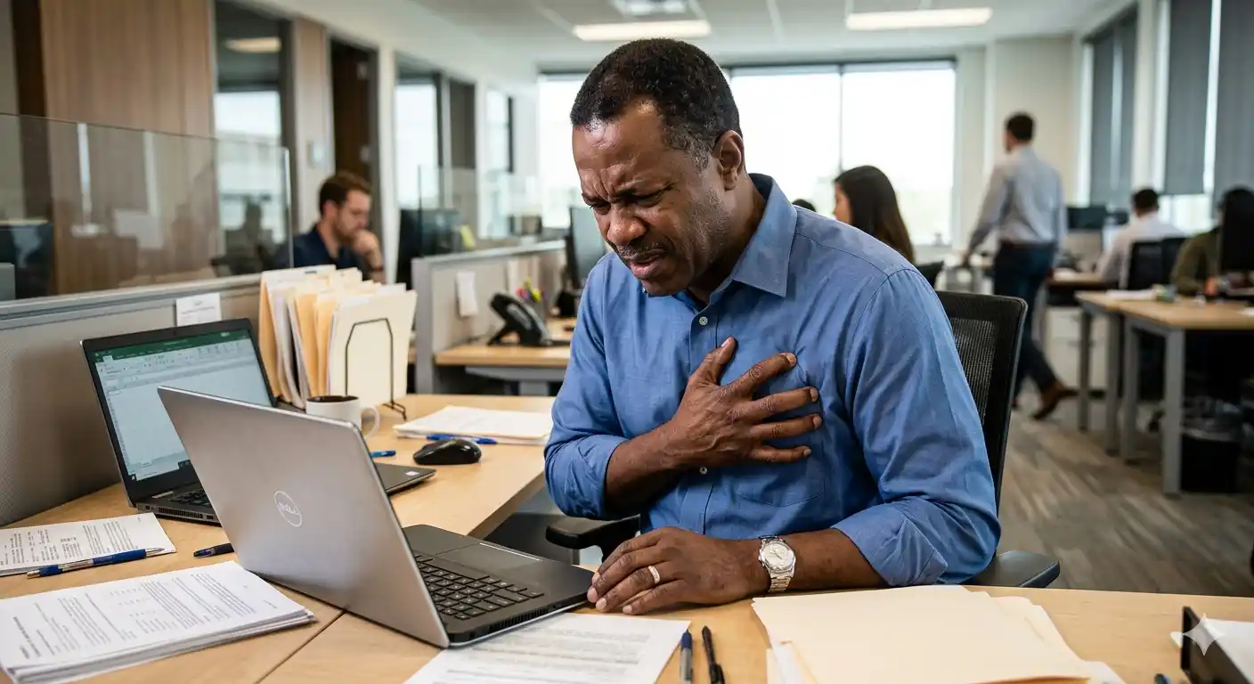 African American man holding chest in pain while working at desk