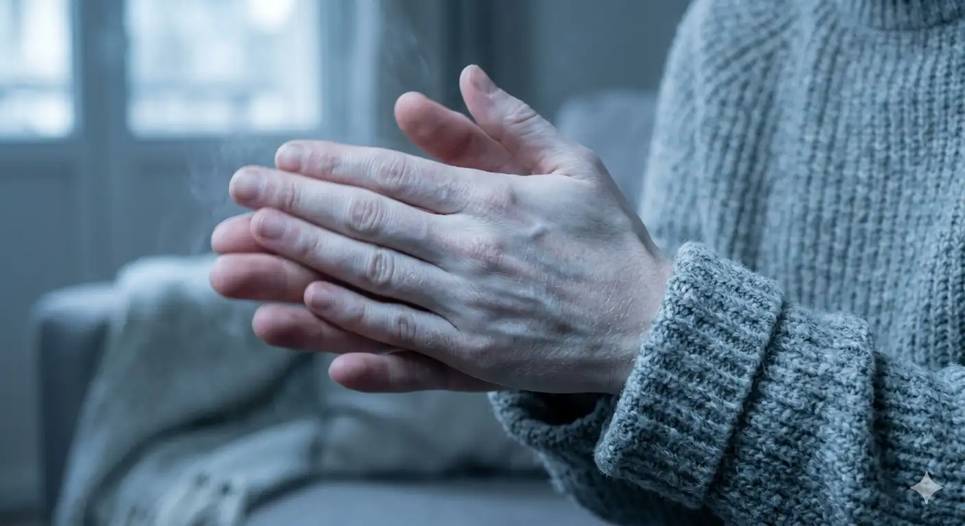 Close up of cold hands being rubbed together for warmth