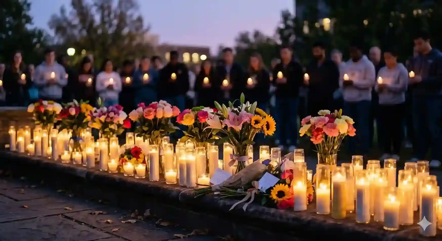 Flickering candles and flowers at a community vigil
