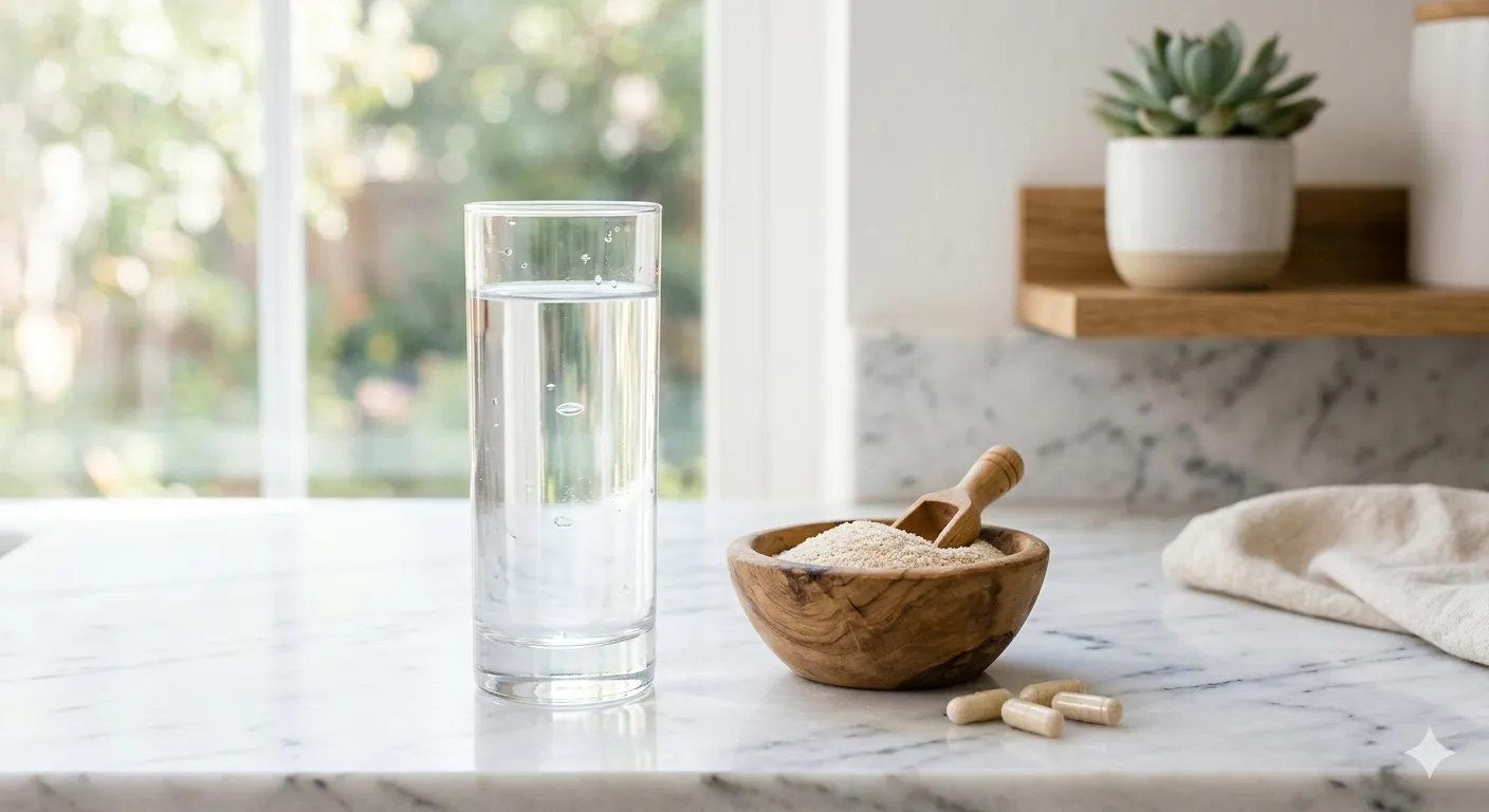 A glass of water and supplements on a clean counter
