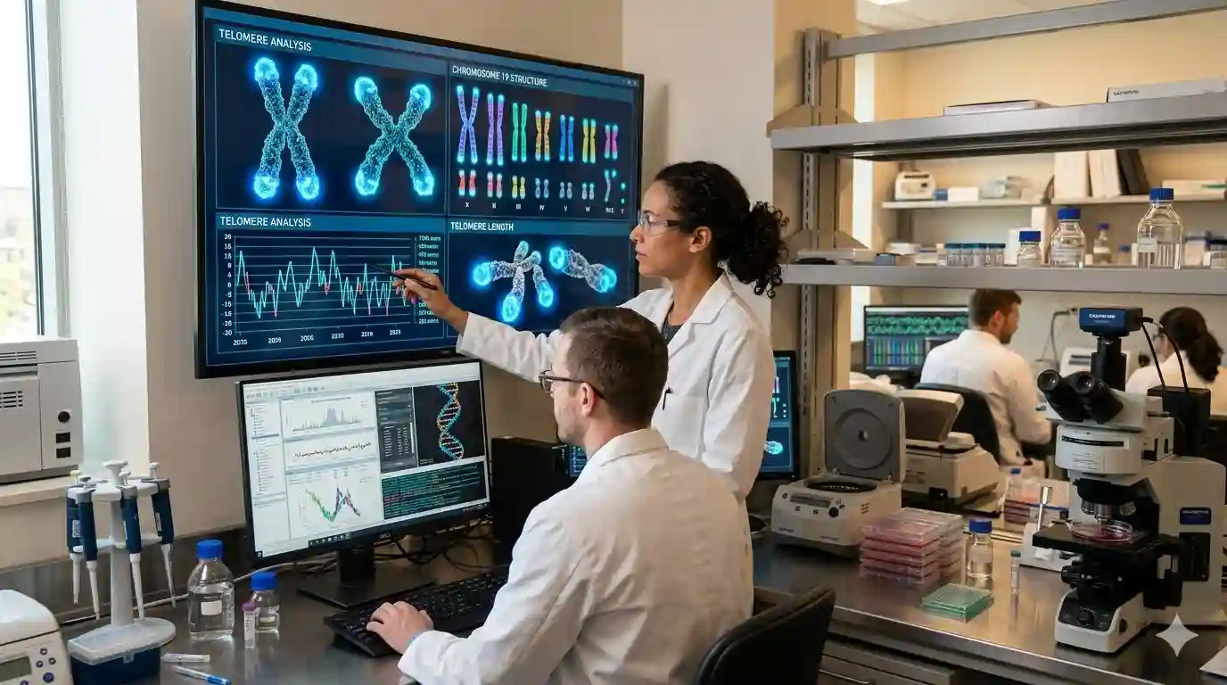 Scientists analyzing DNA and telomeres in a laboratory