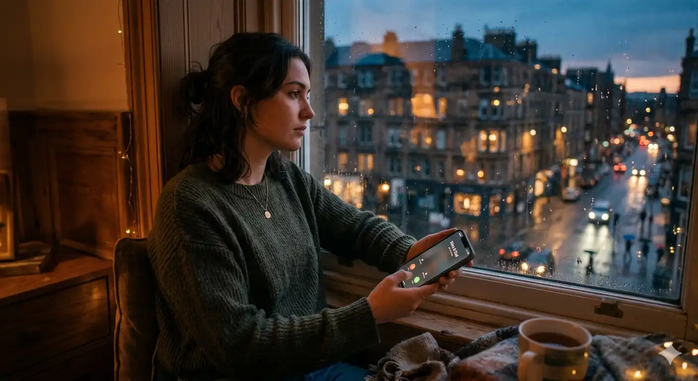 Adult child looking thoughtfully out a window with a smartphone in hand, representing emotional distance from parents.