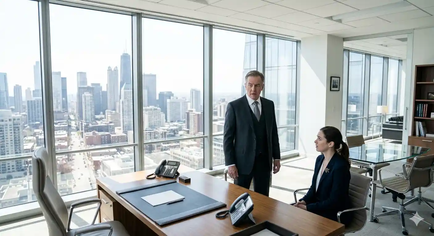 A man in a corporate office looking at a brooch with tears in his eyes