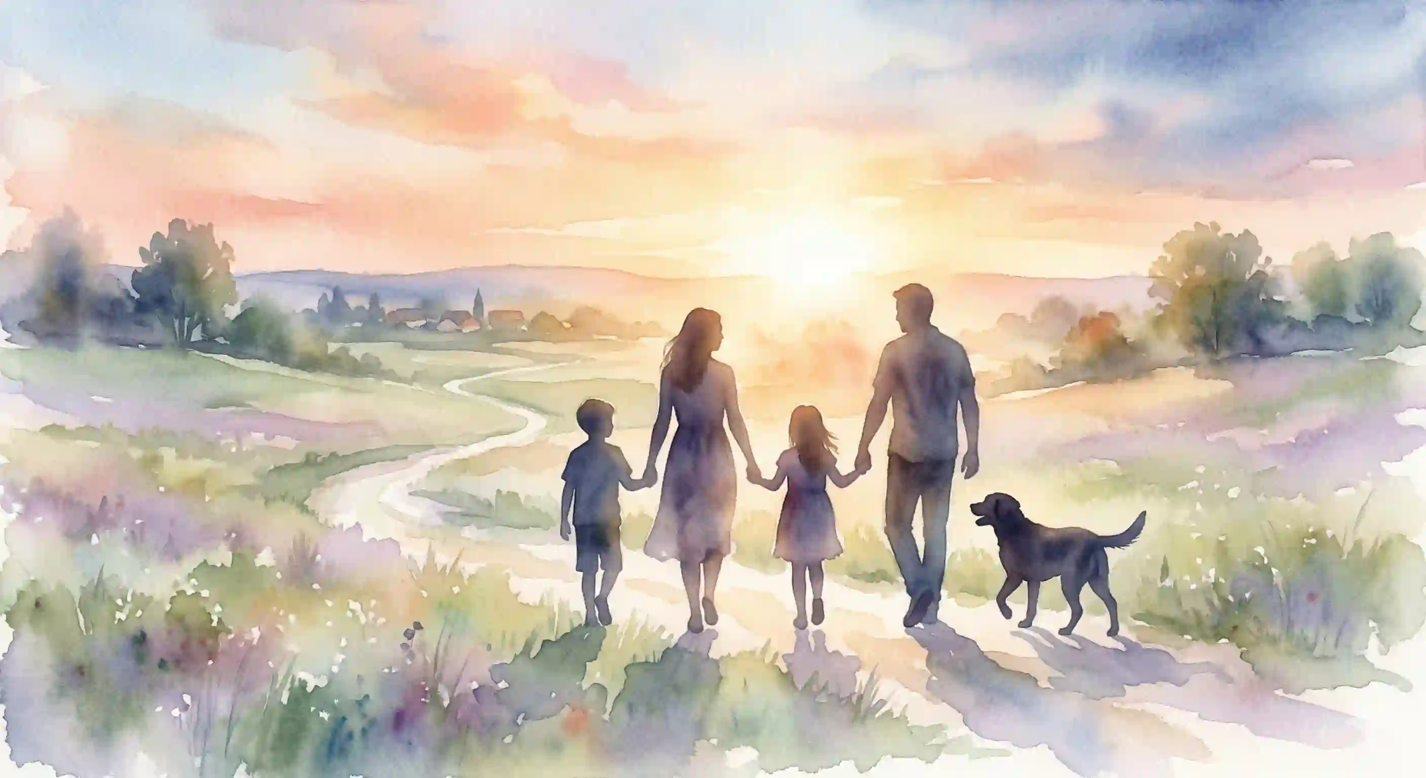 Silhouettes of a family and dog walking into a sunset