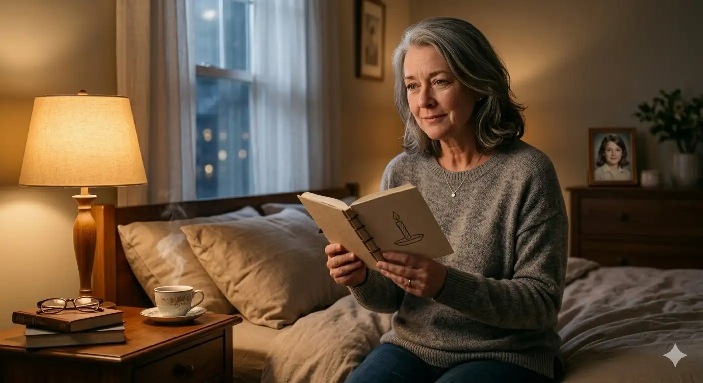 A reflective woman sits by a softly lit window at night, holding a journal, showing quiet strength and hope after disappointment.