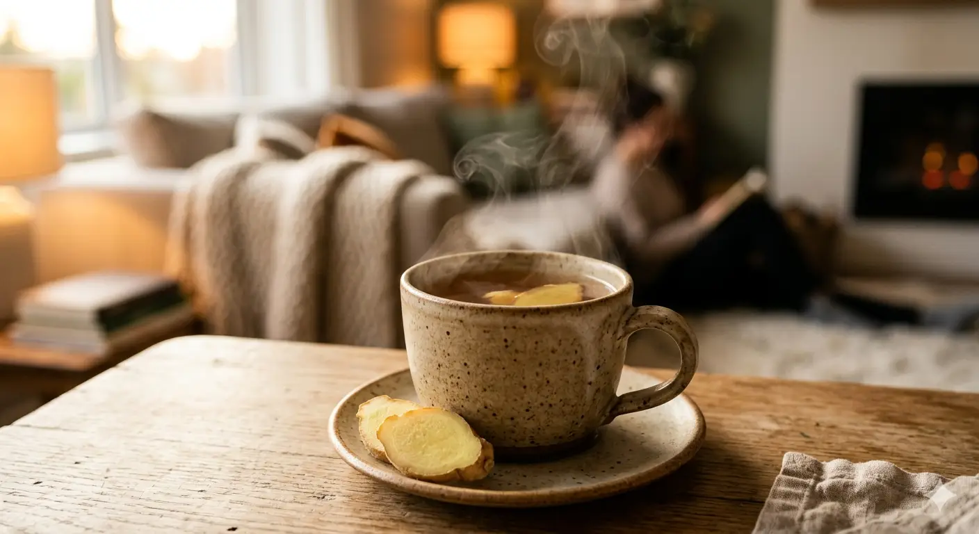 A steaming cup of ginger tea with a slice of fresh ginger