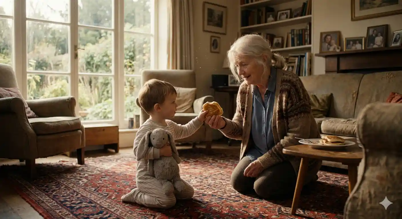 Elderly woman feeding a toddler in a sunlit kitchen