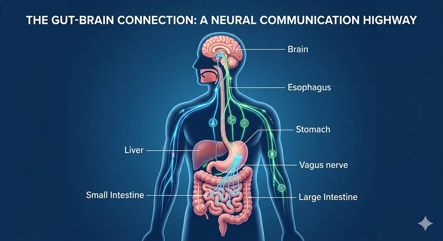 3D illustration of signals traveling between the stomach and brain