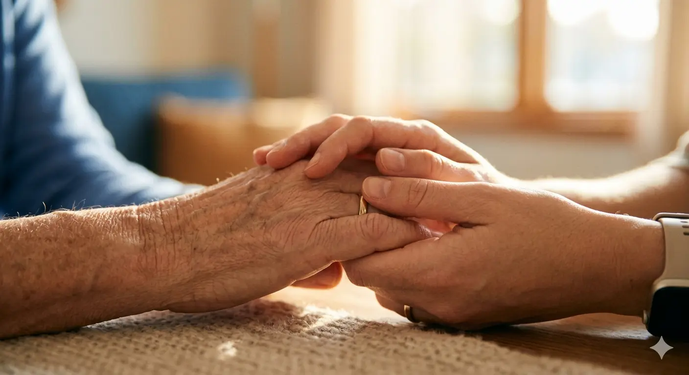 Close up of an older parent's hand holding a younger adult's hand, representing healing and reconciliation.