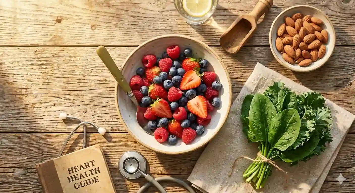 Vibrant flat-lay of heart-healthy foods like berries and nuts