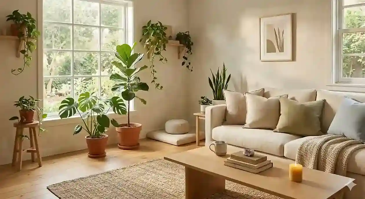 A peaceful and sun-drenched living room sanctuary