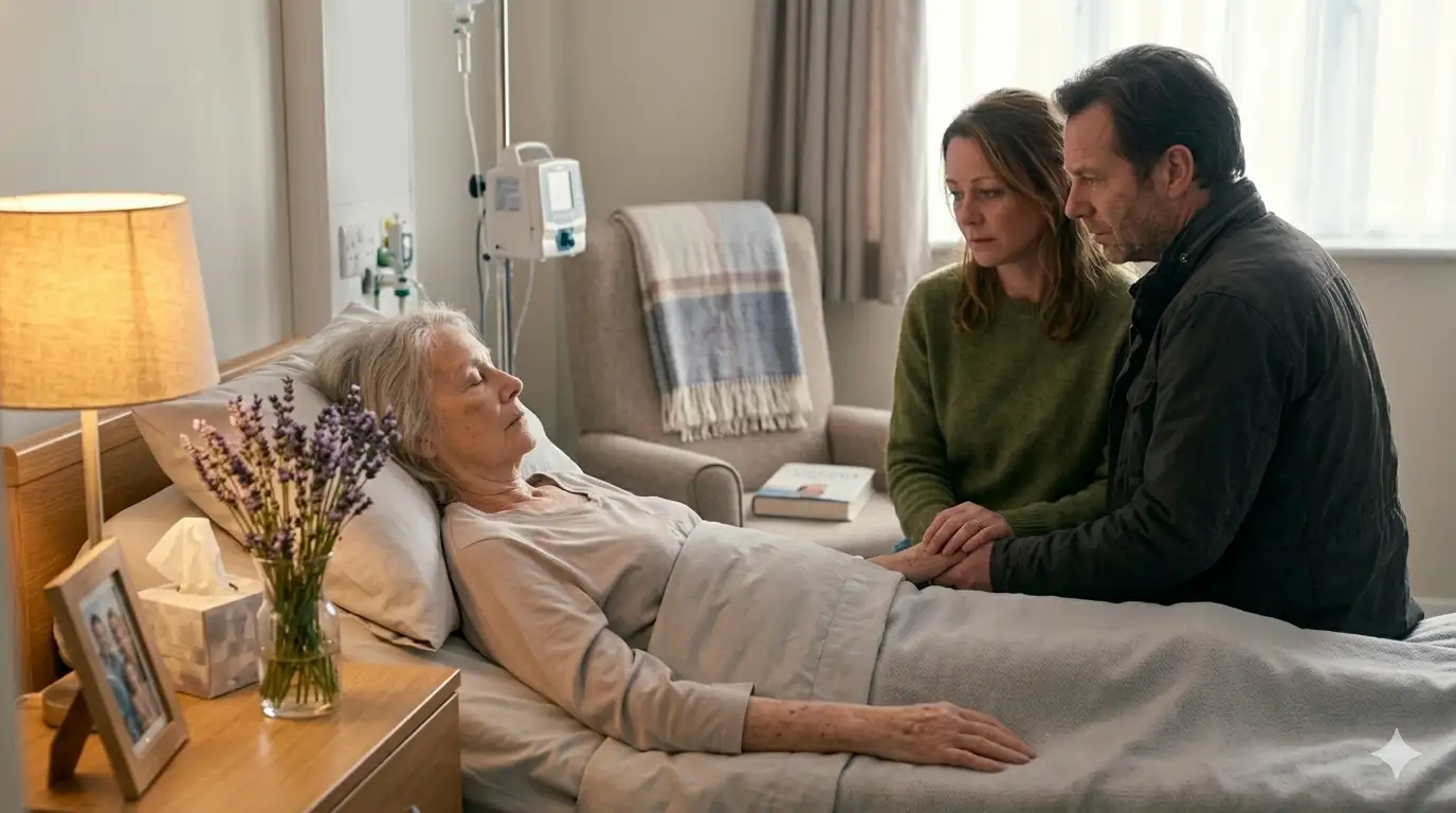 A quiet hospice room where a husband and wife stand together in compassion, hands intertwined, offering comfort at a bedside.