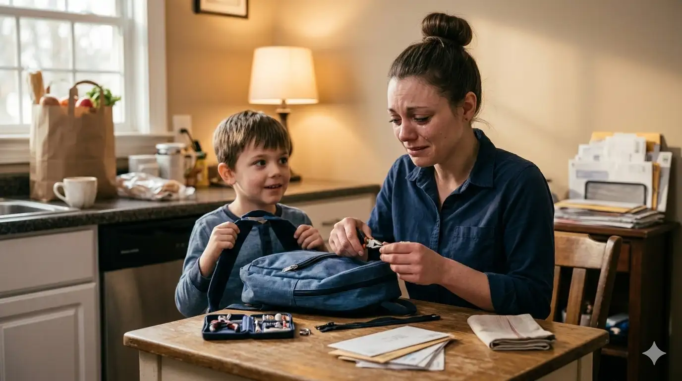 A single mother repairs her child's backpack zipper at home while her son watches, symbolizing resilience and hope.