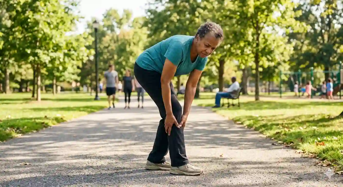 Older adult stopping to massage calf muscle during a walk