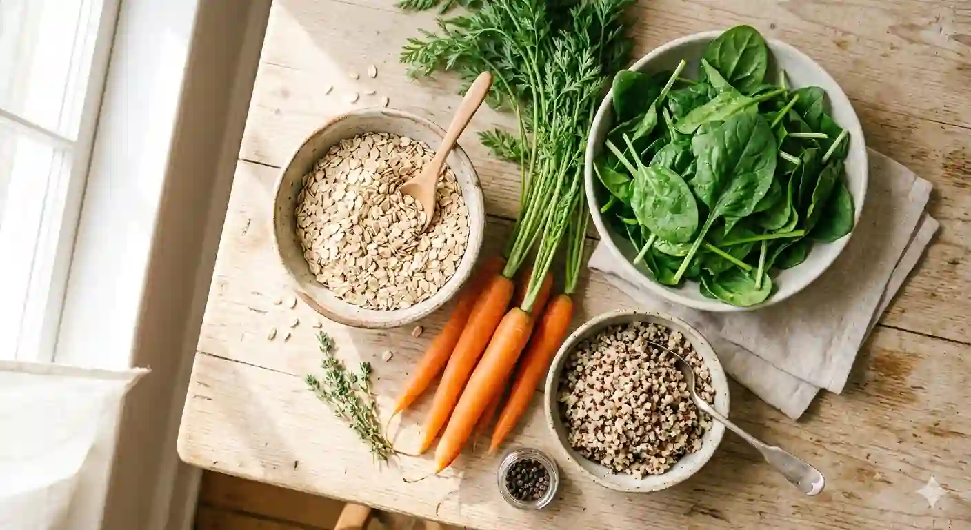 Fresh carrots, spinach, oats, and quinoa on a table