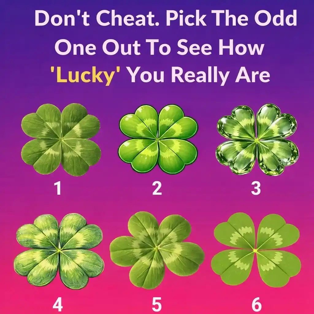 Six different four-leaf clovers on a purple background