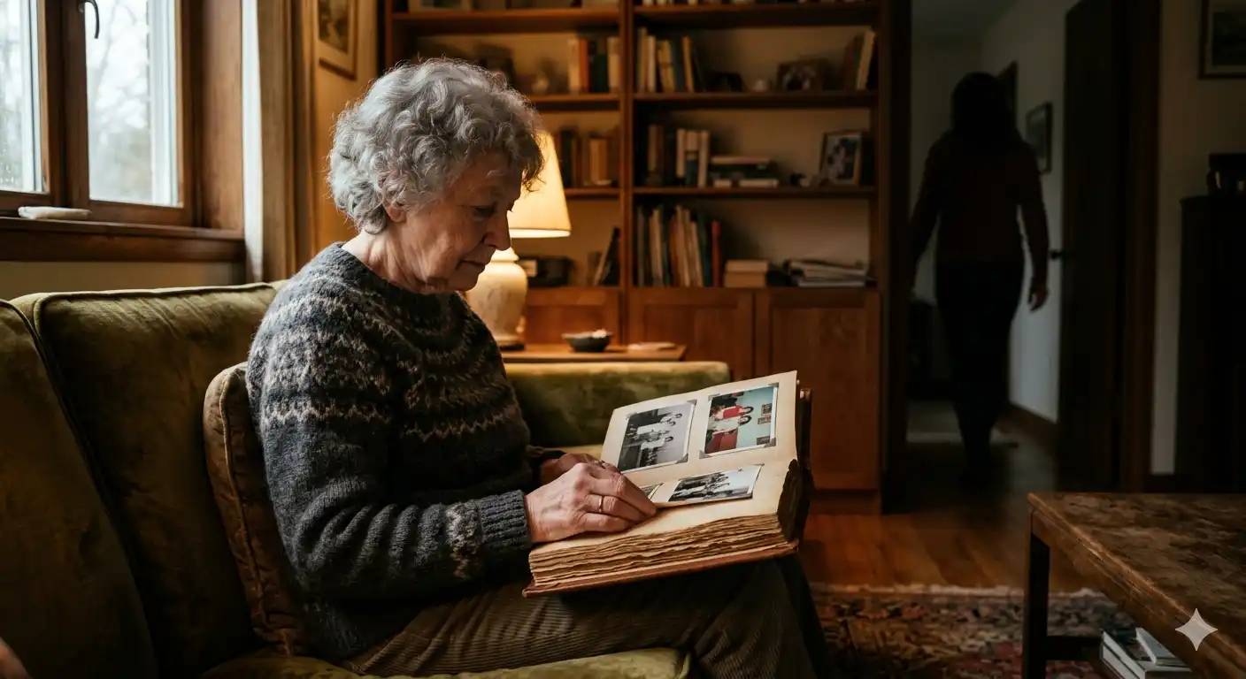 Older parent looking sad at a photo album while a younger adult stands in the background, showing communication gaps.