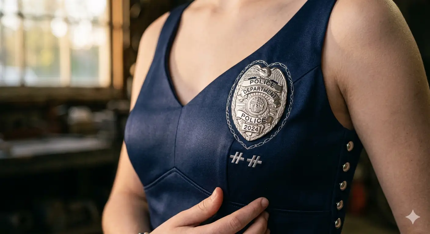 A custom navy blue prom dress with a silver police badge over the heart