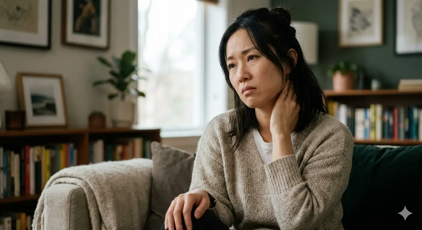 Woman rubbing her jaw and neck looking concerned