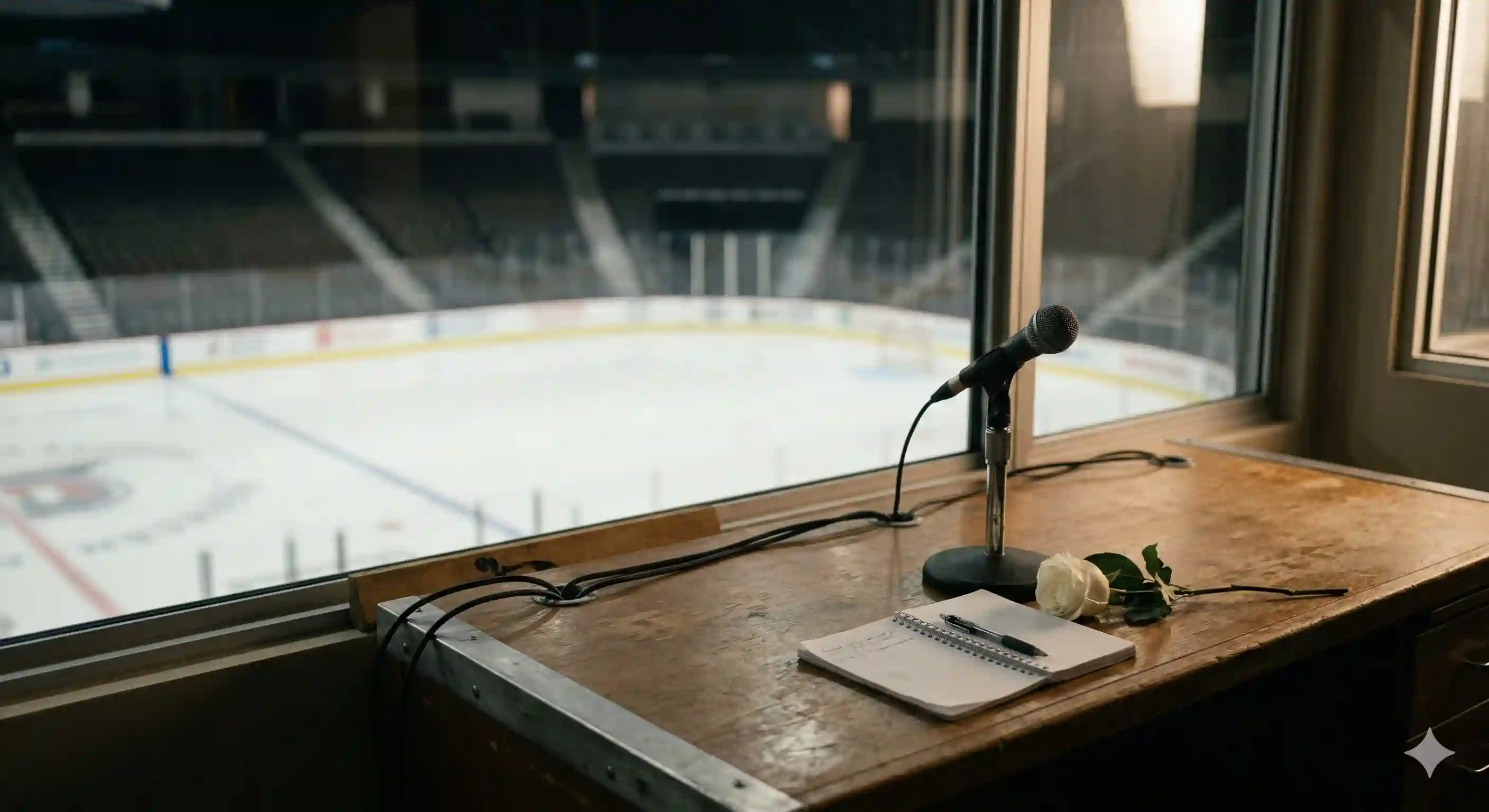 A lone microphone and white rose in a hockey press box