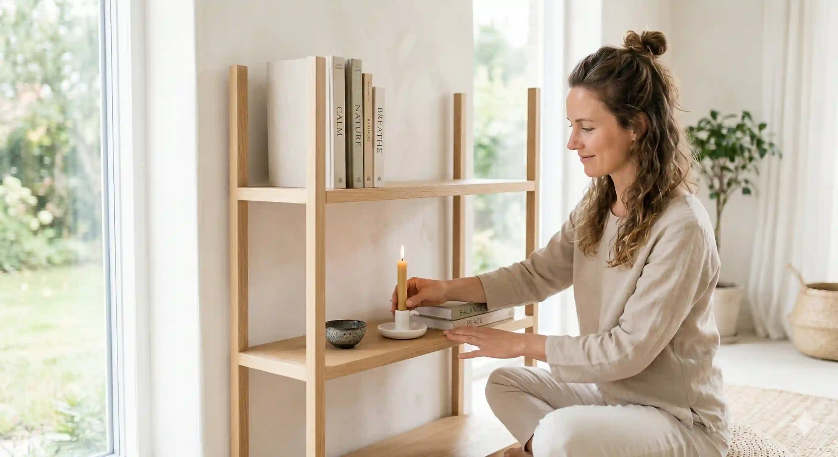 A person organizing a clean and bright shelf
