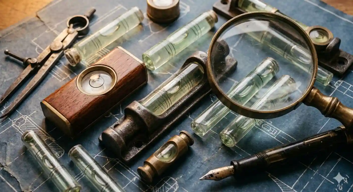 Antique tools and levels arranged on a blueprint