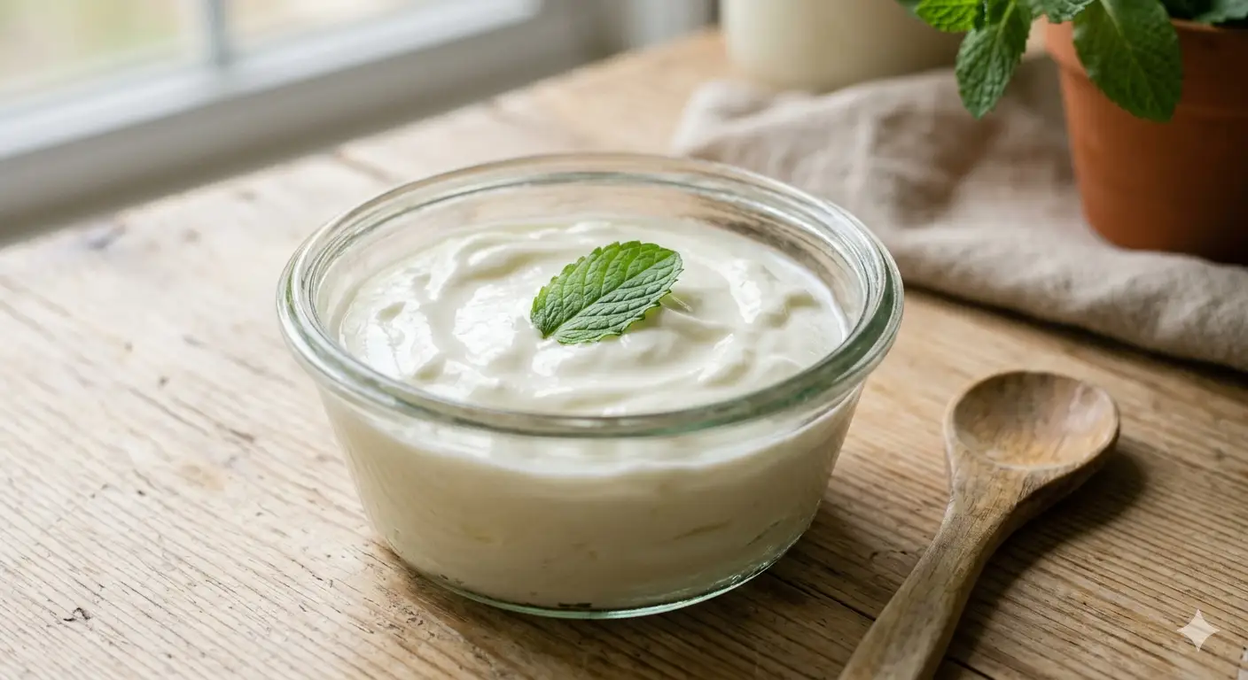 Creamy plain yogurt in a bowl, representing gut health