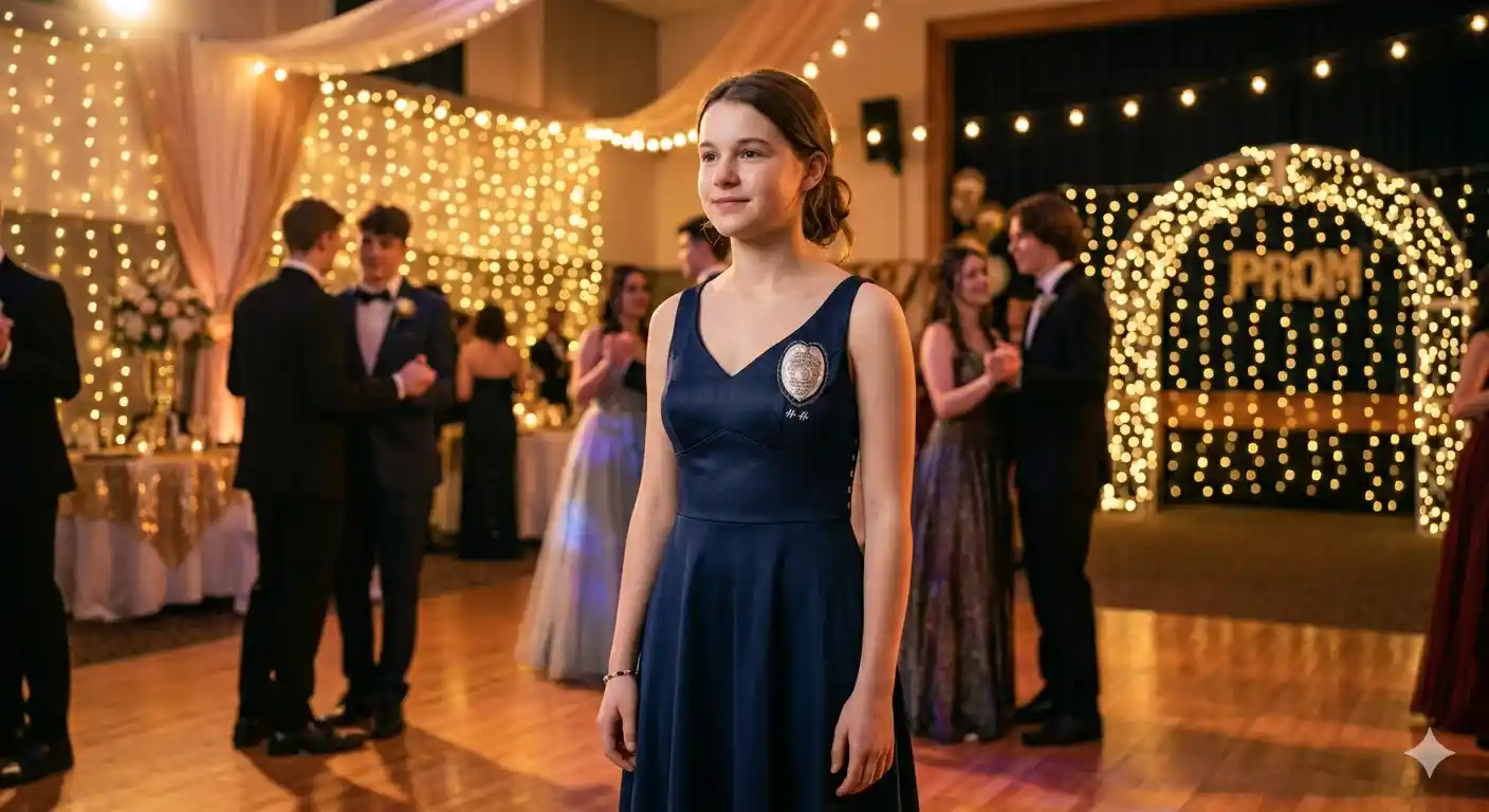 A confident teenage girl on the dance floor in a navy dress