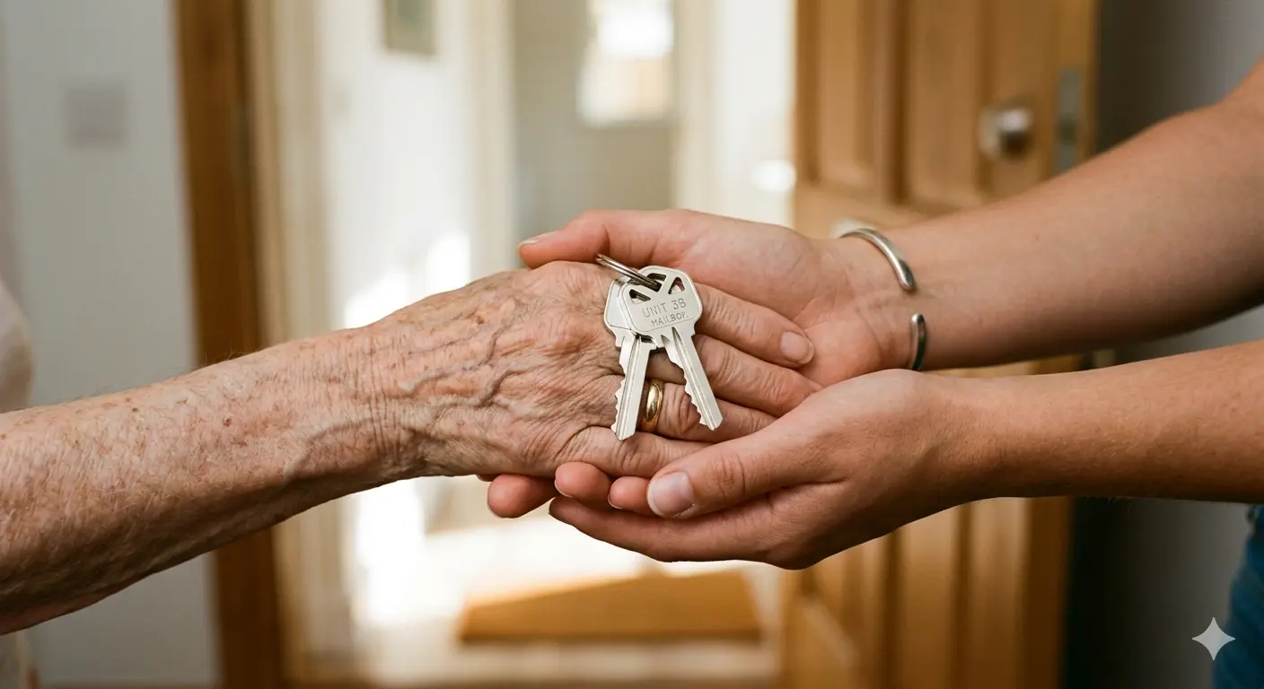 Grandmother and adult grandson holding keys together