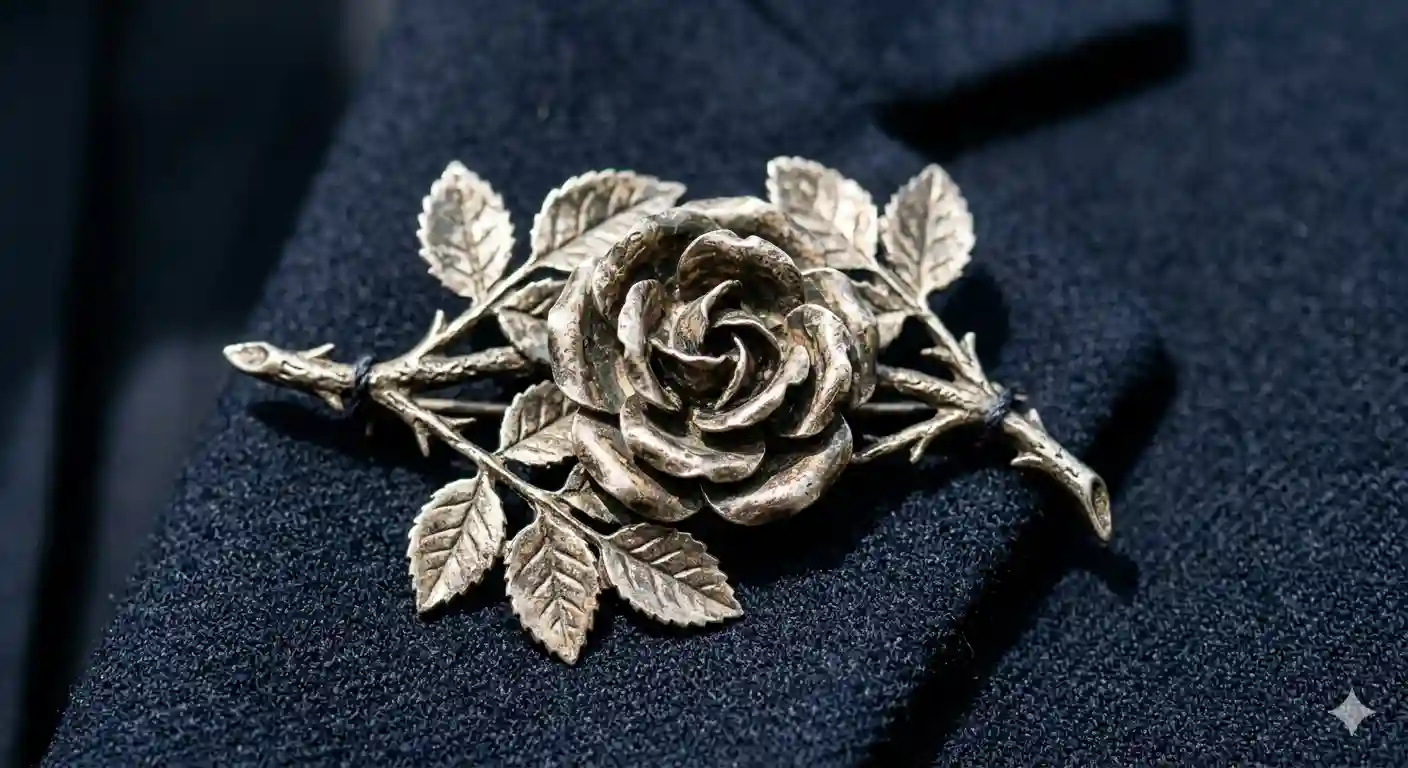 A close up of an antique silver flower brooch on a blazer