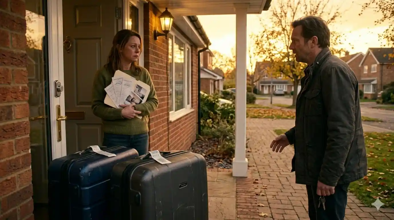 Two suitcases on a porch as a wife confronts her husband at sunset with evidence in hand.