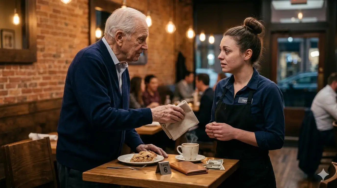 An elderly man gently hands a folded napkin to a waitress, offering quiet compassion after witnessing cruelty.